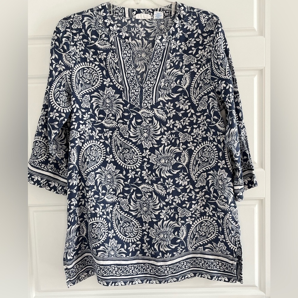 Sigrid Olsen 100% Linen Tunic Top Size Small Navy Blue White Paisley Beachy